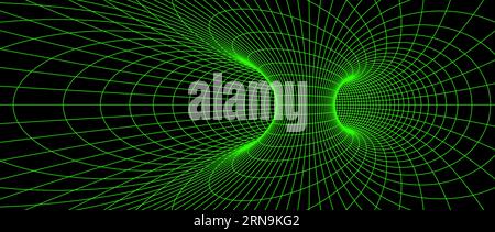 Wurmloch-Drahtmodellstruktur. Neon-geometrische Gittergittertunnel-Kulisse. 3D-Trichter- oder Wirbelstruktur. Grüne abstrakte Linien auf dunklem Hintergrund. Vektor-Illustration Hintergrundbild Stock Vektor