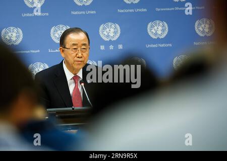 (151216) -- NEW YORK, 16. Dezember 2015 -- UN-Generalsekretär Ban Ki-moon spricht während der Year-End-Pressekonferenz im UN-Hauptquartier in New York, 16. Dezember 2015. Ban Ki-moon sagte hier am Mittwoch, dass am Freitag in New York eine neue Runde internationaler Gespräche in Syrien stattfinden werde, um eine politische Lösung für den seit langem bestehenden syrischen Konflikt zu finden, der im März 2011 ausbrach. ) UN-NEW YORK-BAN KI-MOON-PRESS CONFERENCE-SYRIA INTERNATIONAL TALKS LixMuzi PUBLICATIONxNOTxINxCHN 151216 New York DEZ 16 2015 Generalsekretär der Vereinten Nationen Ban KI Moon spricht während des Jahresendes Stockfoto