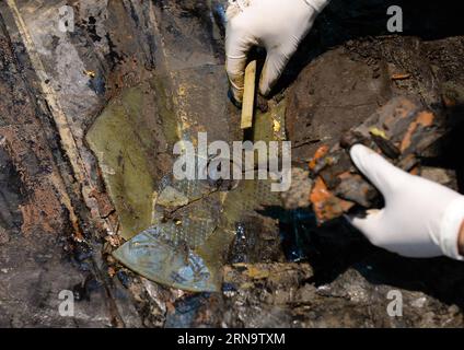 (151220) -- NANCHANG, 20. Dez. 2015 -- Foto vom 20. Dez. 2015 zeigt eine Jadescheibe, die aus dem Hauptsarg auf dem Friedhof Haihunhou (Marquis of Haihun) in der ostchinesischen Provinz Jiangxi gefunden wurde. Der äußere Deckel des Hauptsarges auf dem Haihunhou-Friedhof wurde am Sonntag geöffnet. Nach Angaben von Archäologen, die an der Stätte arbeiten, werden Relikte im Hauptsarg des 2.000 Jahre alten Grabes von Haihunhou wahrscheinlich die Identität des Bewohners offenbaren. Der Haihunhou Friedhof in der Nähe der Stadt Nanchang, der Hauptstadt der ostchinesischen Provinz Jiangxi, ist der bekannteste Friedhof der westlichen Han-Dynastie (206 v. Chr. bis 24 n. Chr.). )( Stockfoto