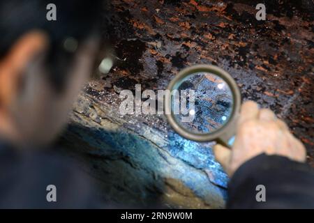 (151220) -- NANCHANG, 20. Dezember 2015 -- ein Archäologe inspiziert den inneren Deckel des Hauptsarges auf dem Haihunhou-Friedhof (Marquis von Haihun), Provinz Jiangxi in Ostchina, 20. Dezember 2015. Der äußere Deckel des Hauptsarges auf dem Haihunhou-Friedhof wurde am Sonntag geöffnet. Nach Angaben von Archäologen, die an der Stätte arbeiten, werden Relikte im Hauptsarg des 2.000 Jahre alten Grabes von Haihunhou wahrscheinlich die Identität des Bewohners offenbaren. Der Haihunhou Friedhof in der Nähe der Stadt Nanchang, der Hauptstadt der ostchinesischen Provinz Jiangxi, ist der bekannteste Friedhof der westlichen Han-Dynastie (206 v. Chr. bis 24 n. Chr.). )(wyo) Stockfoto