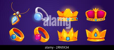 Spiel Schmuck Cartoon-Ikone-Set. Glänzende goldene und silberne Kronen, Ringe und Amulett mit Kristallen und Edelsteinen. Vektorabbildung von r Stock Vektor