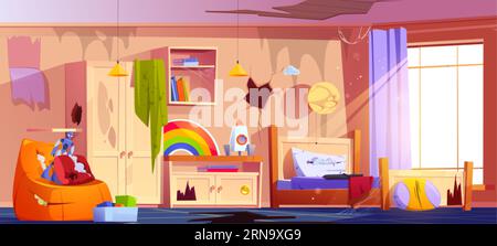 Dreckige und unordentliche Kinderzimmer-Zeichentrickvektor-Illustration. Unaufgeräumte Kindereinrichtung im Haus mit kaputten Möbeln, Loch im Boden und Risswand. Verlassen Stock Vektor