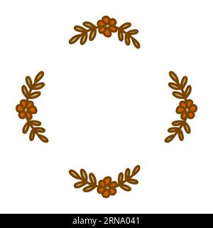 Runder Rahmen mit botanischen Ästen und roten Blumen. Heben Sie die Form auf weißem Hintergrund hervor, die Weihnachtsdekoration für Postkarten oder Visitenkarten. Bunt Stock Vektor