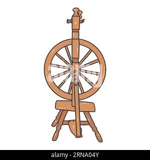 Altes russisches Holzdrehrad. Arbeitswerkzeug zum Handspinnen von Garnen. Traditionelle russische Kultur unter slawen. Bunte Vektor isolierte il Stock Vektor