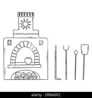Russischer Herd mit Brennholz und gusseisernen Topf. Küchenutensilien, Tong und Poker. Alte traditionelle russische Kultur. Slawische Symbole. Schwarz-weiß-Vect Stock Vektor