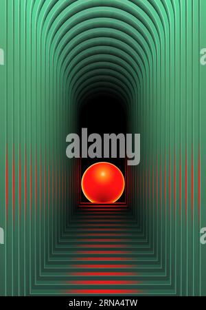 Futuristische Retro-Karte mit rotem Neonball im grünen Korridor der Schmerzen. Retrowave oder Vaporwave 90er Jahre Stil surrealen Hintergrund. Stock Vektor