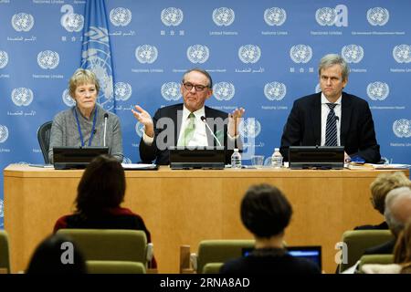 (160112) -- NEW YORK, 12. Januar 2016 -- Jan Eliasson (C), stellvertretender Generalsekretär der Vereinten Nationen, Karen AbuZayd (L), Sonderberater auf dem Gipfeltreffen zur Bekämpfung großer Flüchtlingsbewegungen und Migranten, und Bela Hovy, Leiterin der Abteilung Migration in der Abteilung Bevölkerung der Abteilung für wirtschaftliche und soziale Angelegenheiten der Vereinten Nationen, Teilnahme an einer Pressekonferenz über den Fahrplan des Generalsekretärs für die große Bewegung von Migranten und Flüchtlingen und die Einleitung der Überarbeitung des internationalen Migrationsbestands 2015 am 12. Januar 2016 im Hauptquartier der Vereinten Nationen in New York. Mit 70 Millionen mehr Menschen, die 2015 in Übersee leben als in den USA Stockfoto