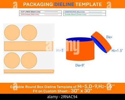 Symphony Hutschachtel, runde Deckelbox Stanzschablone mit den Abmessungen H1 5, D 9, H2 1,5 Zoll Stock Vektor