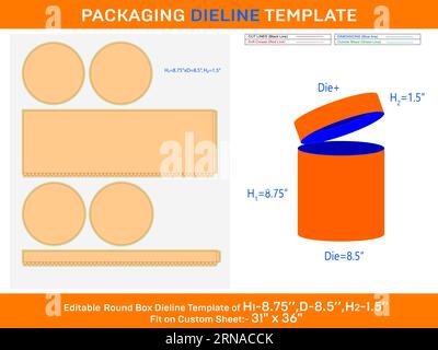 Cremefarbene Box, Geschenkbox mit rundem Deckel, Stanzschablone mit den Abmessungen H1 8,75 x T 8,5 x H2 1,5 Zoll Stock Vektor