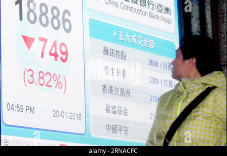 Börse in China (160120) -- HONG KONG, 20. Januar 2016 -- Ein Resident geht an einem Screen Board einer Bank in Zentral-Hong Kong, Südchina, 20. Januar 2016 vorbei. Die Aktien Hongkongs stiegen um 749,51 Punkte oder 3,82 Prozent, um am Mittwoch bei 18.886,3 Punkten zu schließen. ) (wyo) CHINA-HONG KONG-STOCKS (CN) LuixSiuxWai PUBLICATIONxNOTxINxCHN Börse in China 160120 Hongkong 20. Januar 2016 ein Bewohner geht an einem Screen Board einer Bank in Zentral-Hongkong Südchina vorbei 20. Januar 2016 die Aktien Hongkongs sind um 749 51 Punkte oder 3 82 Prozent zurückgegangen, um 18 zu schließen 886 3 Punkte AM Mittwoch wyo China Hong Kong Aktien CN LuixS Stockfoto