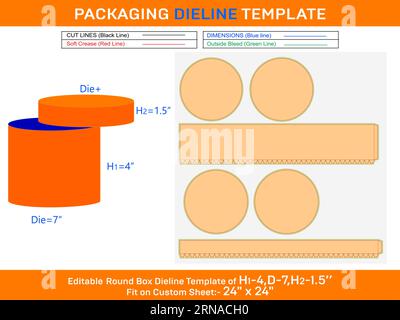 Geschenkbox mit rundem Deckel, Geschenkbox mit Stanzschablone mit den Abmessungen H1 4, D 7, H2 1,5 Zoll Stock Vektor
