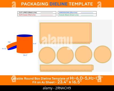 Hutschachtel, Geschenkbox mit rundem Deckel, Stanzschablone mit den Abmessungen H1 6, D 5, H2 1,5 Zoll Stock Vektor