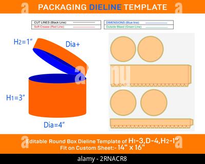 Billige Hutschachtel, runde Deckelbox Stanzschablone mit den Abmessungen H1 3, D 4, H2 1 Zoll Stock Vektor