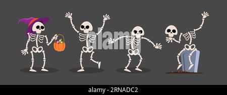 Set of Skeleton ghost . Halloween cartoon characters . Gray isolate background . Vector . Stock Vektor