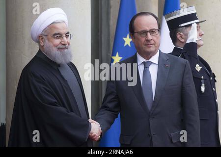 Hollande empfängt Rohani in Paris (160128) -- PARIS, 28. Januar 2016 -- französischer Präsident Francois Hollande (C) begrüßt iranischen Präsidenten Hassan Rohani (L) im Elysee-Palast in Paris, Frankreich, 28. Januar 2016. ) FRANKREICH-IRAN-DIPLOMATIE TheoxDuval PUBLICATIONxNOTxINxCHN Hollande empfängt Rohani in Paris 160128 Paris Januar 28 2016 französischer Präsident Francois Hollande C begrüßt iranischen Präsidenten Hassan Rohani l im Elysee-Palast in Paris Frankreich Januar 28 2016 Frankreich Iran-Diplomatie TheoxDuval PUBLICATIONxNOTxINxCHN Stockfoto