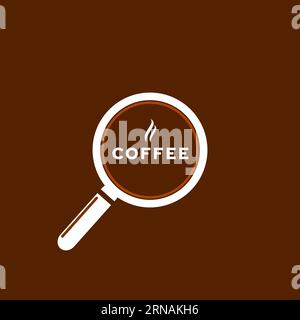 Inspirierender Vektor mit Kaffee-Logo und Vergrößerungsglas. Symbol, Symbol für den Markenshop. Isolierter Hintergrund Stock Vektor