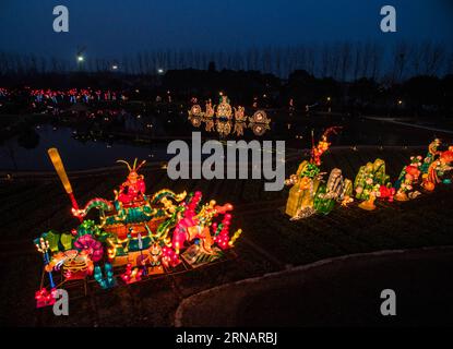 (160205) -- TONGXIANG, 5. Februar 2016 -- Riesenlaternen werden nachts in Wuzhen, Ostchinas Provinz Zhejiang, 5. Februar 2016 gesehen. Ein lokales Laternenfest wurde hier vor dem Frühlingsfest oder dem chinesischen Mondneujahr abgehalten, um sich ein gutes Jahr des Glücks zu wünschen. ) (Cxy) CHINA-ZHEJIANG-LATERNEN-FRÜHLING FESTIVAL (CN) XuxYu PUBLICATIONxNOTxINxCHN Tong Xiang 5. Februar 2016 Riesenlaternen sind Seen BEI Nacht in Wuzhen Ostchina S Zhejiang Provinz 5. Februar 2016 ein lokales Laternen-Festival, was Held hier vor dem Frühlingsfest oder dem chinesischen Mondneujahr als Tradition für wünschenswert Stockfoto