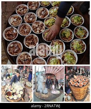 (160207) -- SHIJIAZHUANG, 7. Februar 2016 -- kombiniertes Foto, aufgenommen am 30. März 2013, zeigt Songji acht Schüsseln mit vier Gemüsegerichten und vier Fleischgerichten in Shijiazhuang, nordchinesische Provinz Hebei. Verschiedene traditionelle chinesische Gerichte werden im ganzen Land zubereitet, um das Jahr des Affen zu feiern, das am 8. Februar 2016 fällt. ) (mp) CHINA-NEW YEAR-FOOD DongxYongbo PUBLICATIONxNOTxINxCHN Shijiazhuang Feb 7 2016 Combined Foto aufgenommen AM März 30 2013 zeigt Songji acht Schüsseln mit vier Gemüsegerichten und vier Fleischgerichten in Shijiazhuang Nordchina Provinz Hebei verschiedene Traditionen Stockfoto