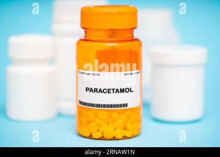 Auch bekannt als Acetaminophen, ein häufiger Schmerzmittel und Fieberreduzierer. Es ist als Tablette, Kapsel und in flüssiger Form erhältlich. Stockfoto