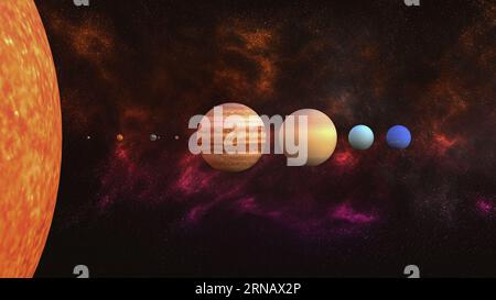 3D-Rendering – Planeten des Sonnensystems in einer Reihe. Stockfoto