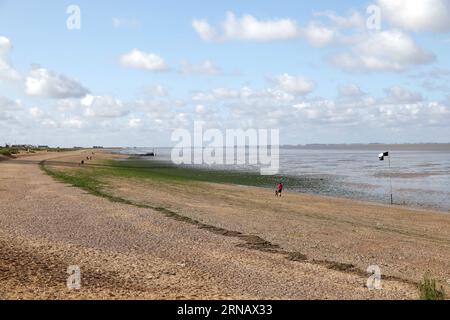 Heacham, Großbritannien. 30. August 2023. Heacham Beach in Norfolk, der von der DEFRA (Department for Environment Food & Rural Affairs) als einer der dreckigsten Strände Großbritanniens eingestuft wurde, was die Sauberkeit des Wassers angeht, und ein Hinweis zum Thema "Badeempfehlung: Verschmutzungsrisiko" ist auf einem Schild mit Strandinformationen zu sehen. Dank: Paul Marriott/Alamy Live News Stockfoto