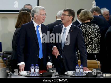 Treffen der NATO Verteidigungsminster in Brüssel (160210) -- BRÜSSEL, 10. Februar 2016 -- US-Verteidigungsminister Ashton Carter (R) spricht mit seinem britischen Amtskollegen Michael Fallon vor einem NATO-Verteidigungsministertreffen am 10. Februar 2016 in Brüssel, Belgien. Die Verteidigungsminister der NATO würden am Mittwoch wichtige Beschlüsse fassen, um Abschreckung und Verteidigung hier zu stärken. ) (azp) BELGIEN-BRÜSSEL-NATO-VERTEIDIGUNGSMINISTER-TREFFEN YexPingfan PUBLICATIONxNOTxINxCHN Treffen mit der NATO in Brüssel 10. Februar 2016 US-Verteidigungsminister Ashton Carter r spricht mit seinem britischen Part Mic Stockfoto