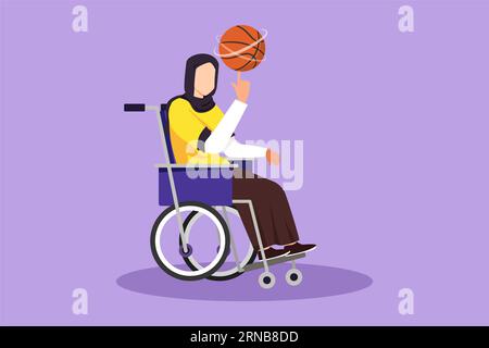 Flaches Grafikdesign, das schöne arabische Mädchen im Rollstuhl zeigt, spielt Basketball. Behinderte Person dreht Basketball auf ihrem Finger. Übung für Menschen wi Stockfoto