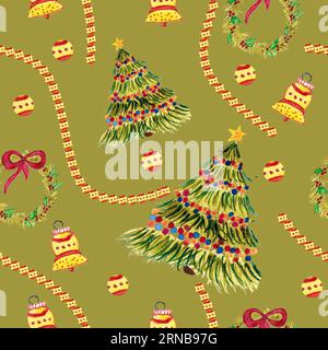 Nahtloses Muster für Neujahr und weihnachten. Aquarellzeichnung. Weihnachtsbaum Stockfoto