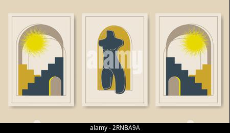 Ästhetische minimalistische gelbe Kunst Poster Set Illustration. Marokkanisches Treppenmuster. Stock Vektor