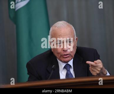 (160226) -- MOSKAU, 26. Februar 2016 -- Generalsekretär der Arabischen Liga Nabil Al-Araby spricht auf einer Pressekonferenz nach einem Treffen während des Russisch-Arabischen Kooperationsforums in Moskau, Russland, am 26. Februar 2016. Russland und die Arabische Liga unterstützen die Schaffung einer breiten Koalition gegen den Terrorismus unter dem Dach der Vereinten Nationen, sagte der russische Außenminister Sergej Lawrow am Freitag. RUSSLAND-MOSKAU-ARABISCHE LIGA-ANTITERRORISMUS DaixTianfang PUBLICATIONxNOTxINxCHN Moskau Februar 26 2016 Generalsekretär der Arabischen Liga Nabil Al Araby spricht AUF einer Pressekonferenz nach einem Treffen während der Stockfoto