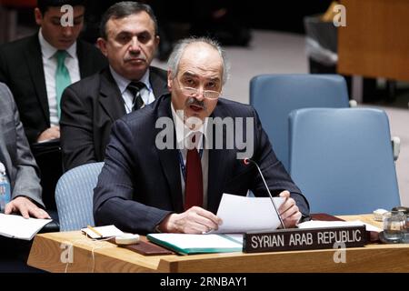 (160226) -- VEREINTEN NATIONEN, 26. Februar 2016 -- der Ständige Vertreter Syriens bei den Vereinten Nationen, Bashar al-Ja afari (Front), wendet sich nach seiner Verabschiedung einer Resolution zur Billigung der Einstellung der Feindseligkeiten in Syrien, die am 26. Februar um 00:00 Uhr Damaskus in Kraft treten wird, an den Sicherheitsrat, im UN-Hauptquartier in New York, 26. Februar 2016. ) UN-SICHERHEITSRAT-SYRIEN-WAFFENSTILLSTAND LixMuzi PUBLICATIONxNOTxINxCHN Vereinte Nationen Feb 26 2016 der ständige Vertreter Syriens bei den Vereinten Nationen Bashar Al YES Afari Front wendet sich nach der Verabschiedung einer Resolution an den Sicherheitsrat Stockfoto