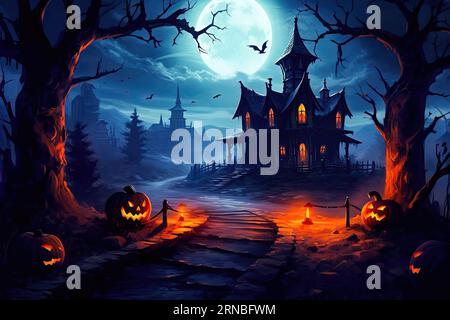 Halloween-Hintergrund mit großem Mond, altem Haus, Kürbissen Stockfoto