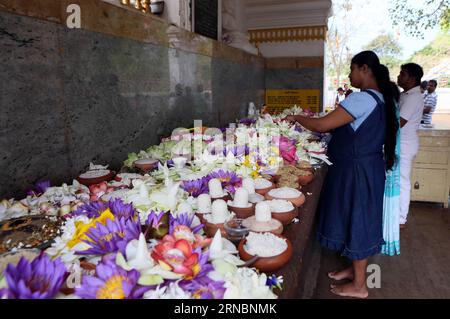 COLOMBO, 9. März 2016 – Sri-lankische Buddhisten beten in der Heiligen Stadt Anuradhapura in der Nordzentralprovinz, Sri Lanka, 9. März 2016. Diese heilige Stadt wurde um einen Baum der Erleuchtung herum errichtet, den Feigenbaum Buddhas, der im 3. Jahrhundert v. Chr. dorthin gebracht wurde. Der Baum, der aus dem Zweig wuchs, steht in der Stadt Anuradhapura und gilt als Objekt großer Verehrung, wobei Zehntausende Anuradhapura besuchen, um zu huldigen. Im Jahr 1982 wurde die Heilige Stadt Anuradhapura in eine Organisation der Vereinten Nationen für Bildung, Wissenschaft und Kultur aufgenommen Stockfoto