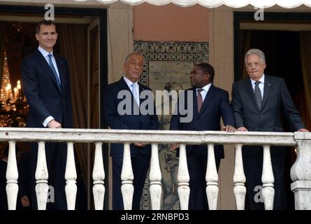 LISSABON, 9. März 2016 -- der portugiesische Präsident Marcelo Rebelo de Sousa (2. L), der spanische König Felipe VI (1. L), der Präsident der Europäischen Kommission Jean-Claude Juncker (1. R) und der Präsident von Mosambik Filipe Nyusi sind nach der Vereidigung von Rebelo de Sousa in Lissabon im Schloss Belem zu sehen. Hauptstadt Portugals, am 9. März 2016. Marcelo Rebelo de Sousa trat am Mittwoch als Präsident Portugals an, versprach institutionelle Solidarität mit dem portugiesischen parlament und forderte ein Ende der Finanzkrise. ) PORTUGAL-LISSABON-PRÄSIDENT-FLUCH IN ZhangxLiyun PUBLICATIONxNOTxINxCH Stockfoto