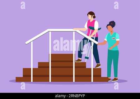 Zeichnungstherapeutin im flachen Stil, die mit einer niedlichen Patientin arbeitet, die die Treppe hinaufsteigt, medizinische Rehabilitation, Physiotherapie-Aktivität. Healthca Stockfoto