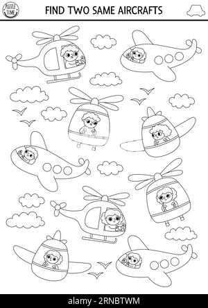Finde zwei gleiche Flugzeuge. Transport Schwarz-weiß-Matching-Aktivität für Kinder. Quiz-Arbeitsblatt für Kinder zu Schulungszwecken für den Luftverkehr. Colori Stock Vektor