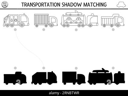 Transport Schwarz-weiß-Schattenabgleich. Transportlinien-Puzzle mit niedlichen LKWs. Finden Sie das richtige Arbeitsblatt oder Spiel zum Ausdrucken der Silhouette. Stock Vektor