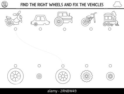 Transport Schwarz-weiß-Matching-Aktivität mit niedlichem Transport und fehlenden Teilen. Passen Sie die Objekte Spiel oder Puzzle mit Auto, Fahrrad. Farbkorrektur Stock Vektor