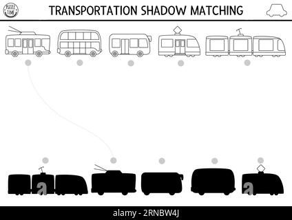 Transport Schwarz-weiß-Schattenabgleich. Puzzle mit den öffentlichen Verkehrslinien mit niedlichem Bus, Straßenbahn, Zug. Suchen Sie den richtigen Arbeitsauftrag für die Silhouette, der gedruckt werden kann Stock Vektor