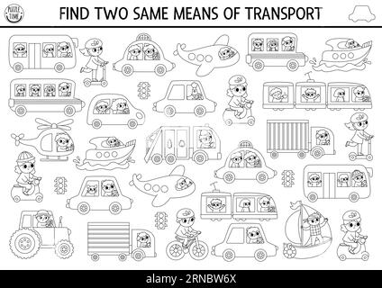 Suchen Sie zwei gleiche Fahrzeuge. Transport Schwarz-weiß-Matching-Aktivität für Kinder. Quiz-Arbeitsblatt für Kinder zu Schulungszwecken für den Stadtverkehr. Colori Stock Vektor