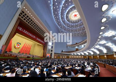 (160312) -- PEKING, 12. März 2016 -- die vierte Plenarsitzung der vierten Sitzung des 12. Nationalen Komitees der politischen Beratungskonferenz des chinesischen Volkes findet am 12. März 2016 in der Großen Halle des Volkes in Peking, der Hauptstadt Chinas, statt. )(mcg) (ZWEI SITZUNGEN)CHINA-BEIJING-CPPCC-4th PLENARTAGUNG (CN) ZhangxLing PUBLICATIONxNOTxINxCHN 160312 Peking 12. März 2016 die 4. Plenartagung der 4. Sitzung des 12. Nationalen Komitees der chinesischen Prominenten S Political Consultative Conference IST Held in der Großen Halle der Prominenten in Peking Hauptstadt Stockfoto