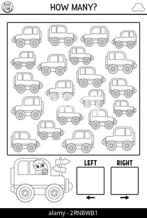 Schwarz-weißes Transportlogik-Spiel mit Rechts- und Linkskonzept für Kinder. Ich spioniere die Suche aus, zähle die Aktivität mit dem Auto. Bedruckbarer Raum transportieren Stock Vektor