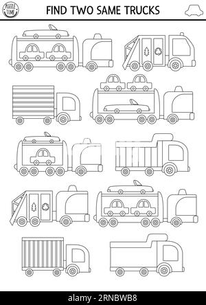 Suchen Sie zwei gleiche Lkws. Transport Schwarz-weiß-Matching-Aktivität für Kinder. Schulungsquiz-Arbeitsblatt für Kinder für Matten Stock Vektor