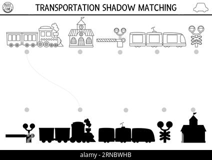 Transport Schwarz-weiß-Schattenabgleich. Eisenbahnstrecke Puzzle mit niedlichen Zügen, Bahnhof. Suchen Sie den richtigen Arbeitsauftrag für die Silhouette, der gedruckt werden kann Stock Vektor