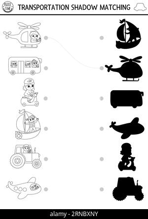 Transport Schwarz-weiß-Schattenabgleich. Transportlinie Puzzle mit niedlichem Hubschrauber, Bus, Roller, Flugzeug. Suchen Sie die richtige Silhouette Stock Vektor