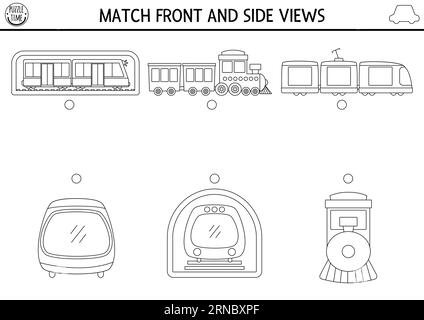 Transport schwarz-weiß passende Aktivität mit süßen Seiten- und Vorderansicht von Zug, U-Bahn, Lokomotive. Eisenbahntransport-Puzzle. Match Objekte Spiel. Stock Vektor
