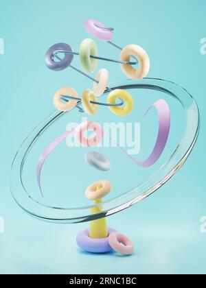 Bunte abstrakte 3D-Form und Abbildung von Glasobjekten. Verspielte 3D-Form der Designelemente. Abstrakter Hintergrund 3D-Rendering. Hintergrundbild Hintergrund Stockfoto