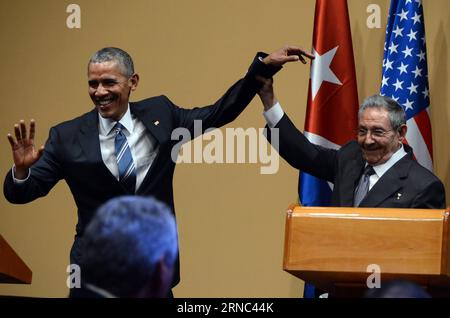 Kubas Präsident Raul Castro (R) und US-Präsident Barack Obama (L) nehmen am 21. März 2016 an einer Pressekonferenz im Revolutionspalast in Havanna, der Hauptstadt Kubas, Teil. Raul Castro und Barack Obama äußerten am Montag die Bereitschaft, den Prozess der Normalisierung der bilateralen Beziehungen auf der Grundlage von Respekt und nationaler Souveränität fortzusetzen. KUBA-HAVANNA-USA BESUCH des PRÄSIDENTEN JoaquinxHernandez PUBLICATIONxNOTxINxCHN Kuba S Präsident Raul Castro r und US-Präsident Barack Obama l nehmen AM 21. März 2016 an einer Pressekonferenz IM Revolutionspalast in der kubanischen Hauptstadt Havanna Teil Raul Castro an Stockfoto