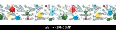 Schönes handgezeichnetes horizontales nahtloses Weihnachtsmuster, niedliches Grün, bunte Kugeln und Schneeflocken, ideal für Textilien, Verpackung, Banner, Wallpa Stock Vektor