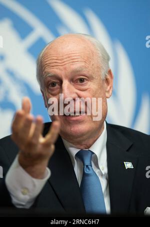 (160324) - GENF, 24. März 2016 -- UN-Sondergesandter für Syrien de Mistura spricht in Genf, Schweiz, 24. März 2016. Am Ende der jüngsten Verhandlungsrunde, die ein politisches Ende der syrischen Krise herbeiführen soll, hoffte UN-Vermittlerin Staffan de Mistura, dass ein Papier, in dem 12 Punkte der Gemeinsamkeiten zwischen den Kriegsparteien dargelegt werden, die Grundlage für substanzielle Verhandlungen im April bilden würde. ) SCHWEIZ-GENF-SYRIEN GESPRÄCHE-COMMONNALITY XuxJinquan PUBLICATIONxNOTxINxCHN Genf 24. März 2016 UN-Sondergesandter für Syrien de Mistura spricht die Medien in Genf Schweiz 24. März 2016 AS an Stockfoto